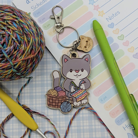 Crochet Cat Wooden Keychain