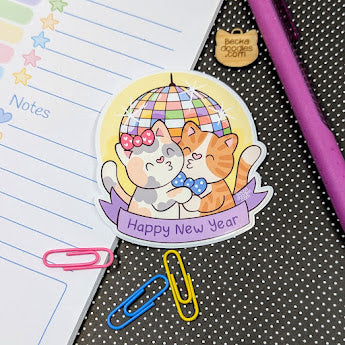 Happy New Year Disco Ball Cats Sticker