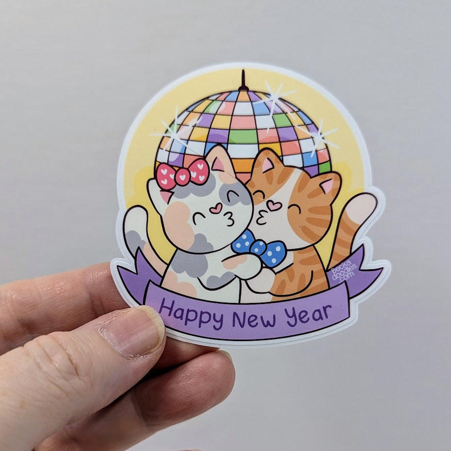 Happy New Year Disco Ball Cats Sticker