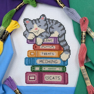 Sleepy Cat Book Stack Cross Stitch Pattern