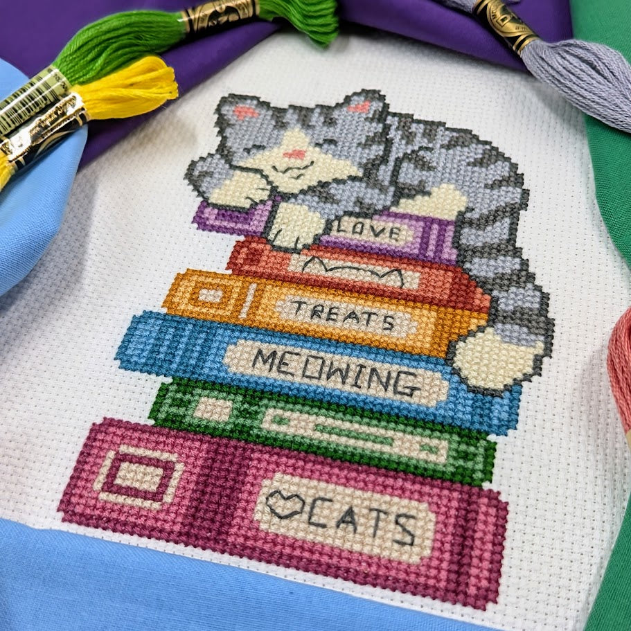 Sleepy Cat Book Stack Cross Stitch Pattern