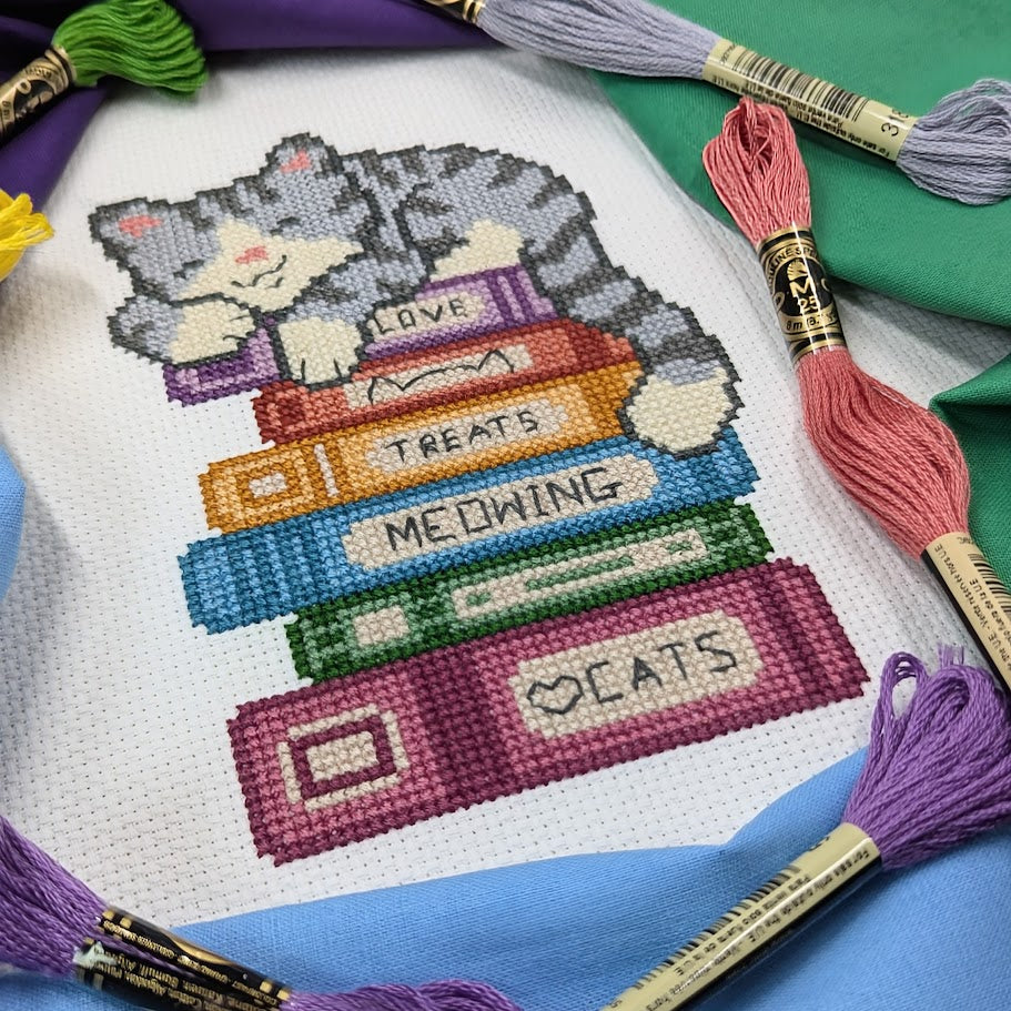 Sleepy Cat Book Stack Cross Stitch Pattern