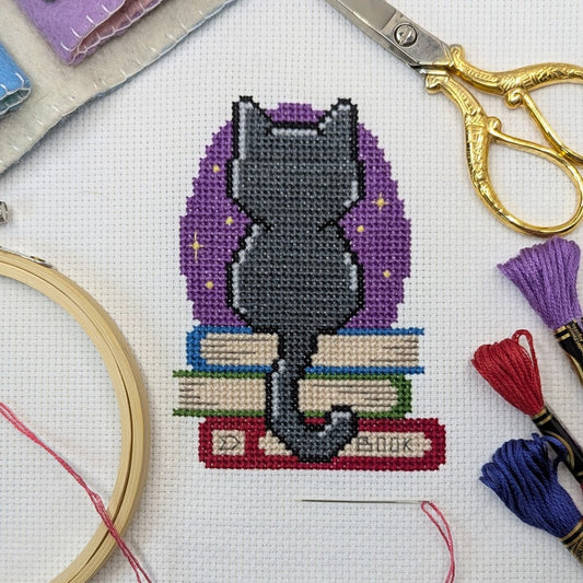 Moonlight Book Cat Cross Stitch Pattern