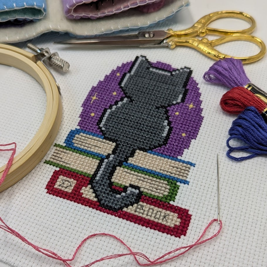 Moonlight Book Cat Cross Stitch Pattern