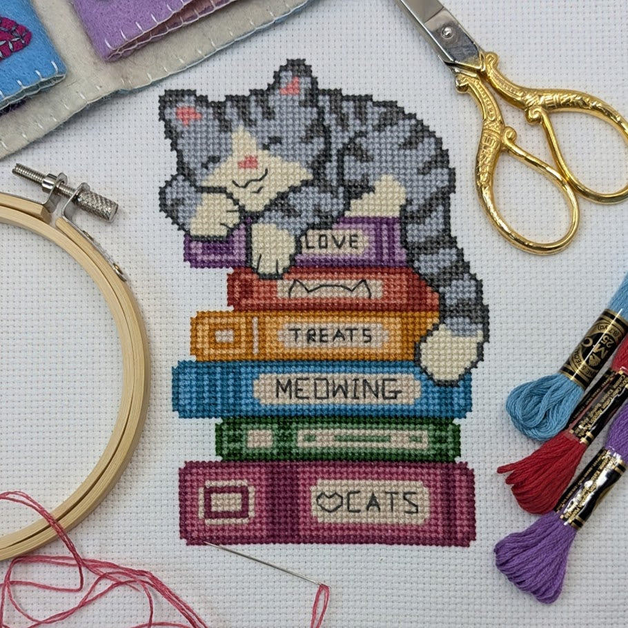 Sleepy Cat Book Stack Cross Stitch Pattern