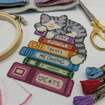 Sleepy Cat Book Stack Cross Stitch Pattern
