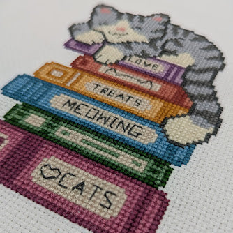 Sleepy Cat Book Stack Cross Stitch Pattern