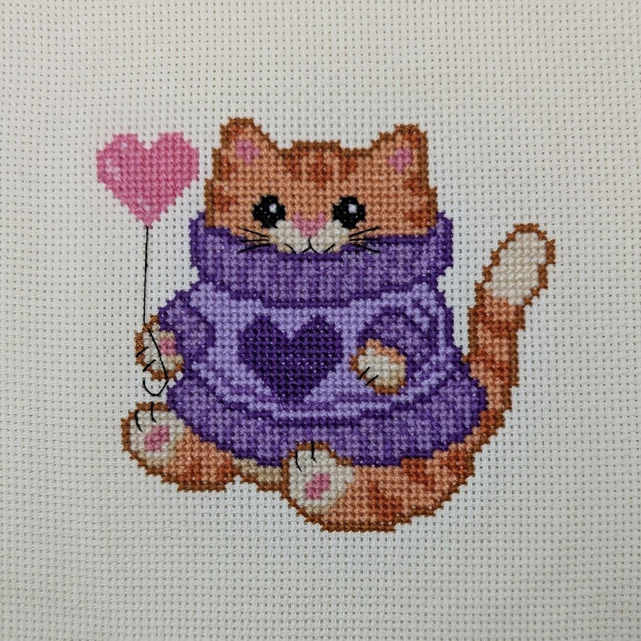 Purple Heart Sweater Cat Cross Stitch Pattern