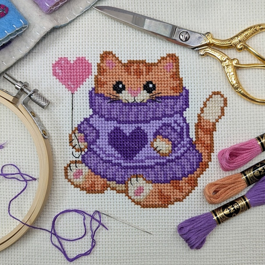 Purple Heart Sweater Cat Cross Stitch Pattern