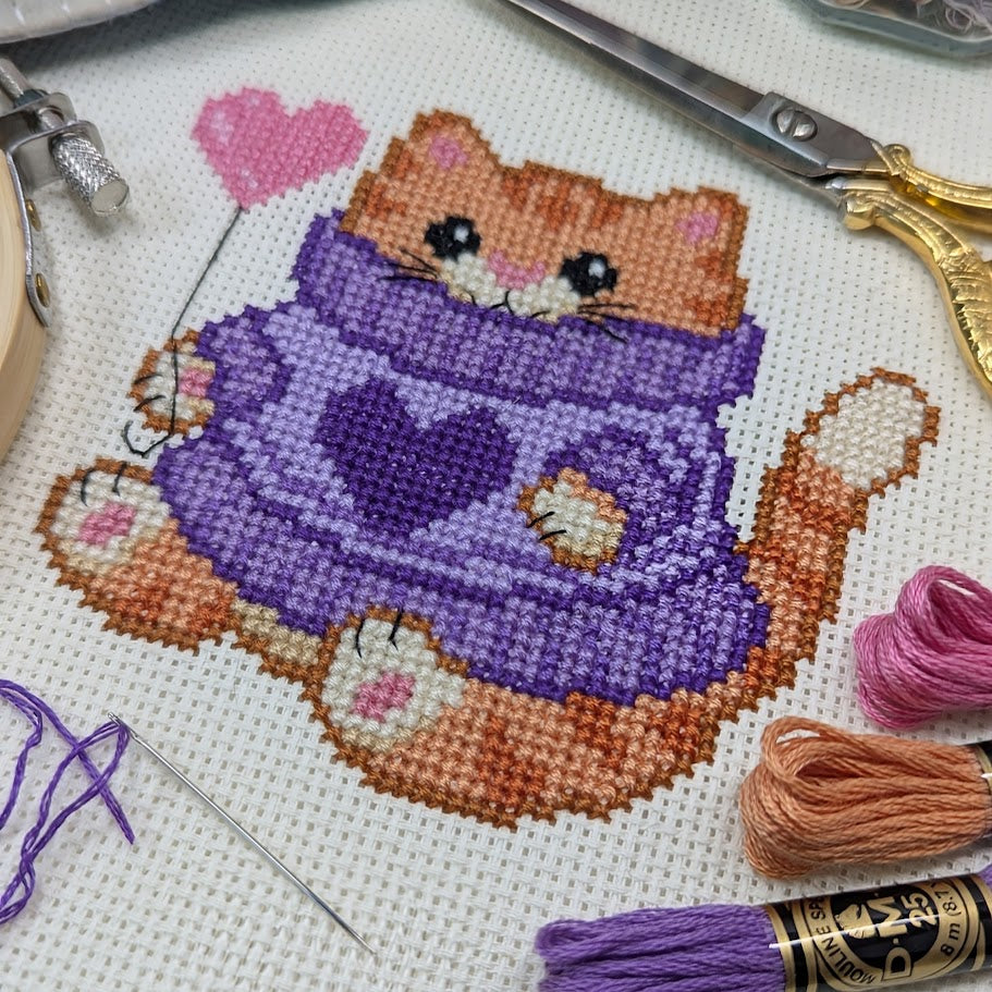 Purple Heart Sweater Cat Cross Stitch Pattern