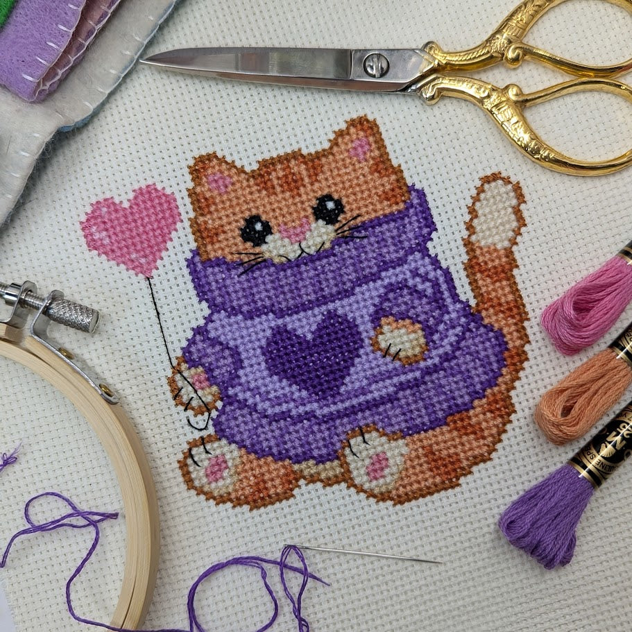 Purple Heart Sweater Cat Cross Stitch Pattern
