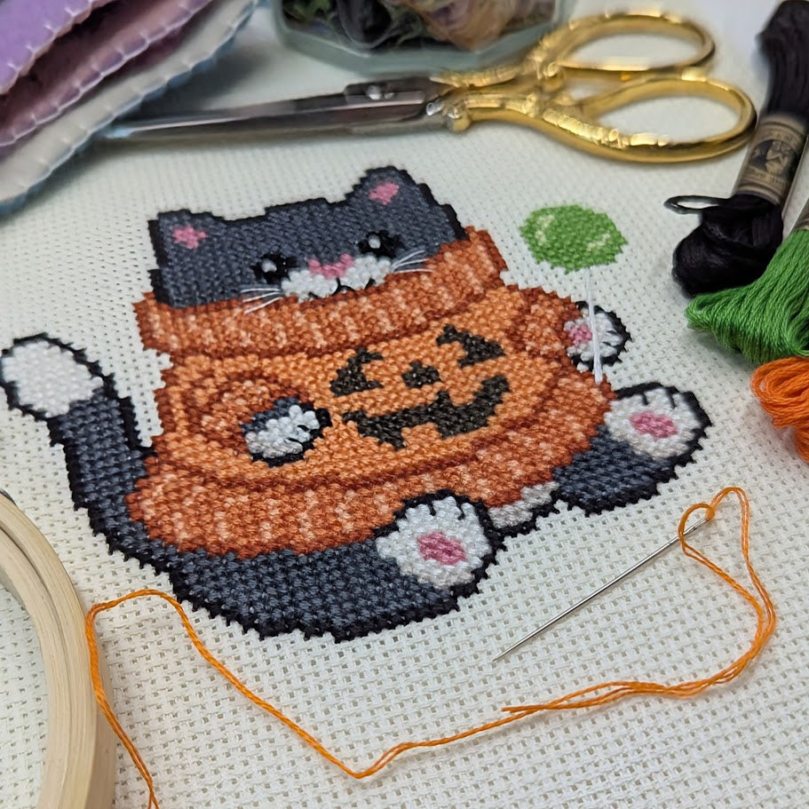 Pumpkin Sweater Cat Cross Stitch Pattern