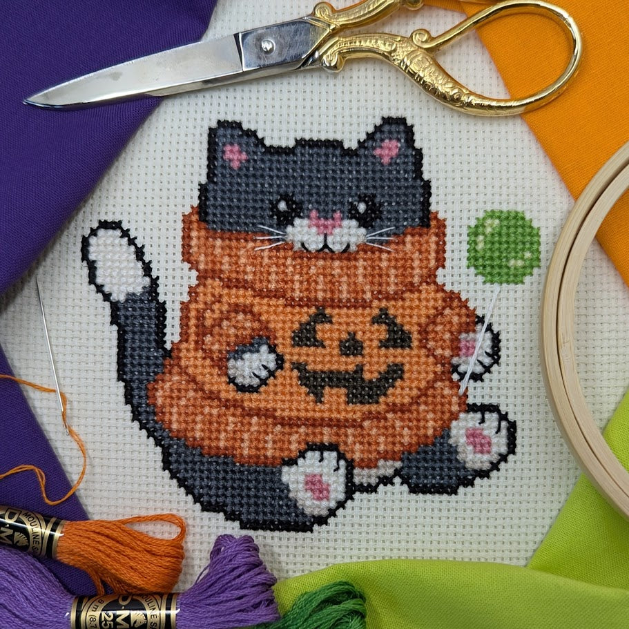 Pumpkin Sweater Cat Cross Stitch Pattern