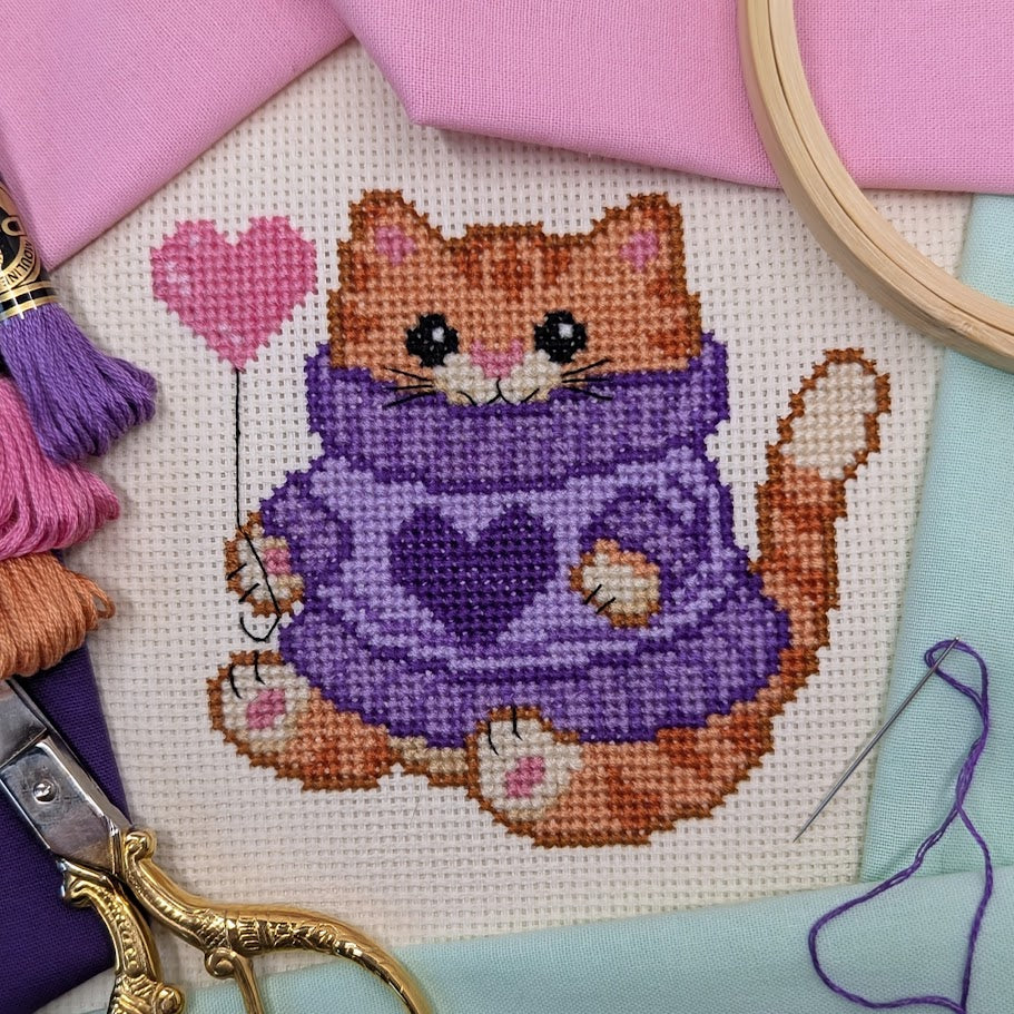 Purple Heart Sweater Cat Cross Stitch Pattern