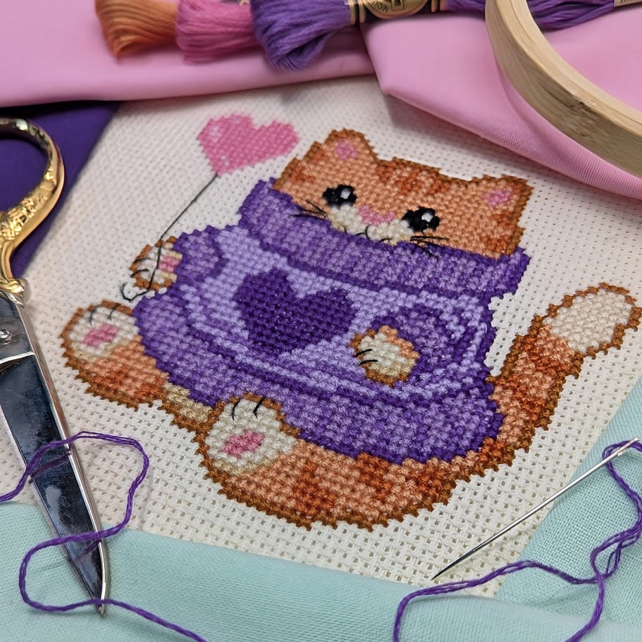 Purple Heart Sweater Cat Cross Stitch Pattern