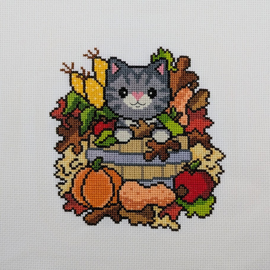 Fall Basket Cat Cross Stitch Pattern