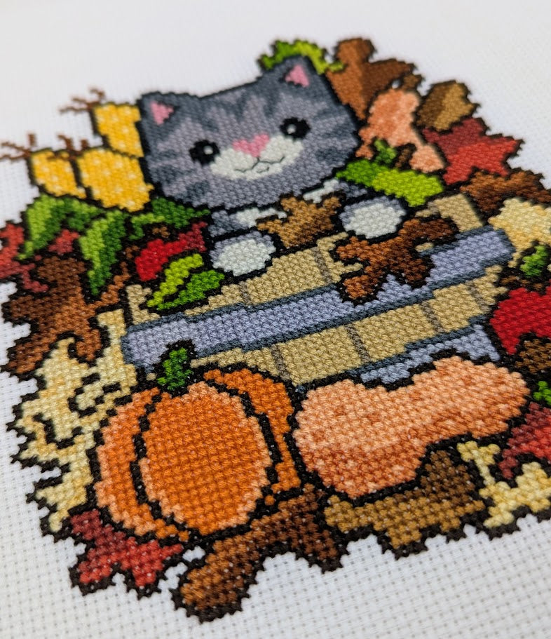 Fall Basket Cat Cross Stitch Pattern
