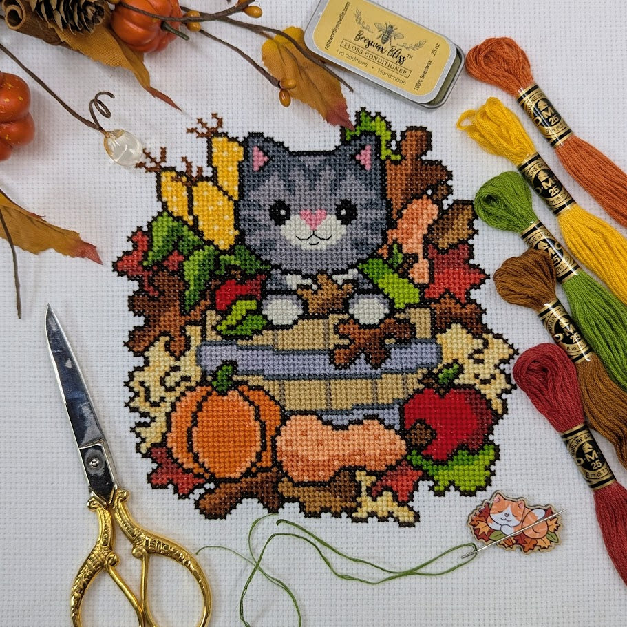 Fall Basket Cat Cross Stitch Pattern