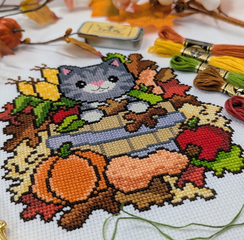 Fall Basket Cat Cross Stitch Pattern