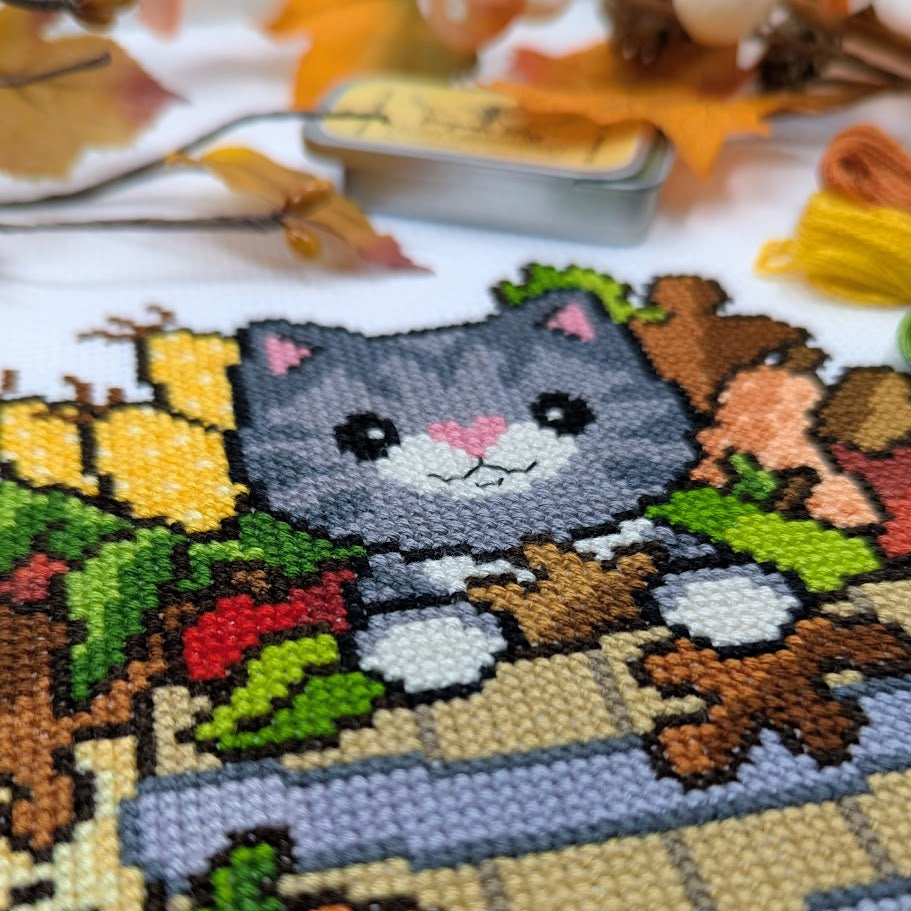 Fall Basket Cat Cross Stitch Pattern