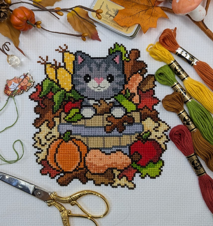 Fall Basket Cat Cross Stitch Pattern