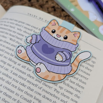 Purple Sweater Ginger Cat Magnetic Bookmark
