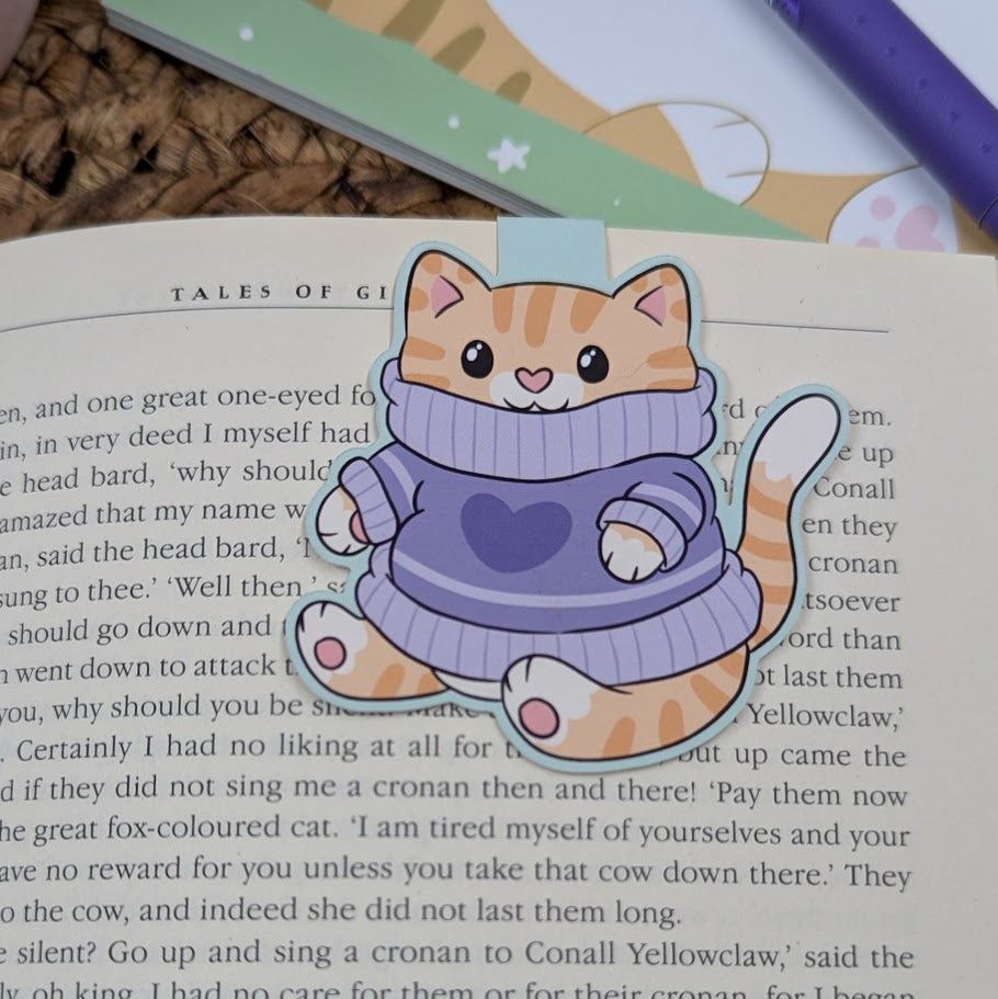 Purple Sweater Ginger Cat Magnetic Bookmark