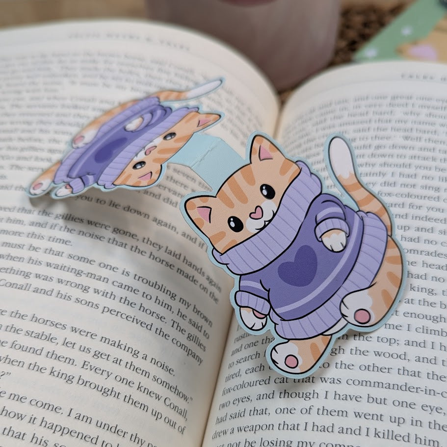 Purple Sweater Ginger Cat Magnetic Bookmark