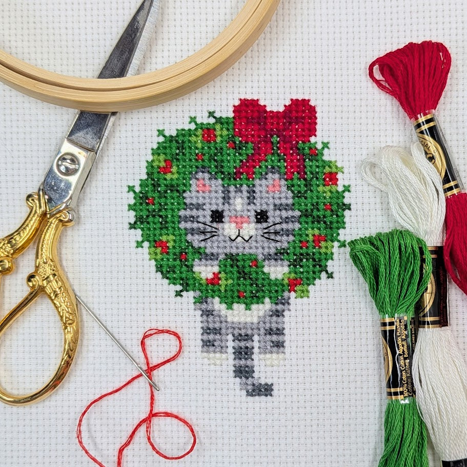 Christmas Wreath Cat Cross Stitch Pattern