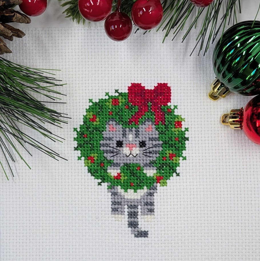 Christmas Wreath Cat Cross Stitch Pattern