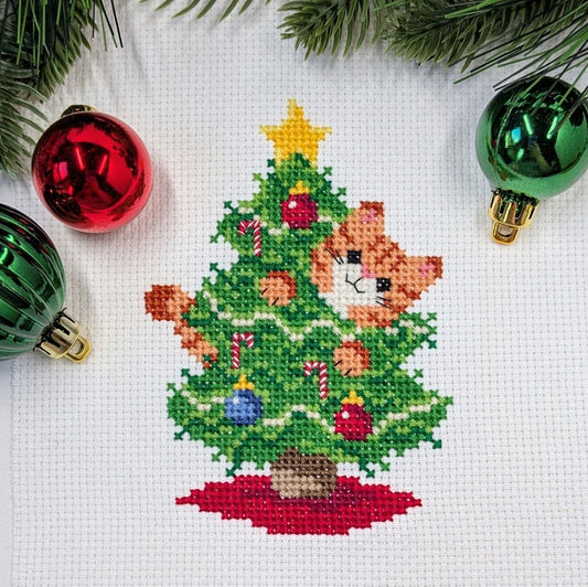 Christmas Tree Cat Cross Stitch Pattern