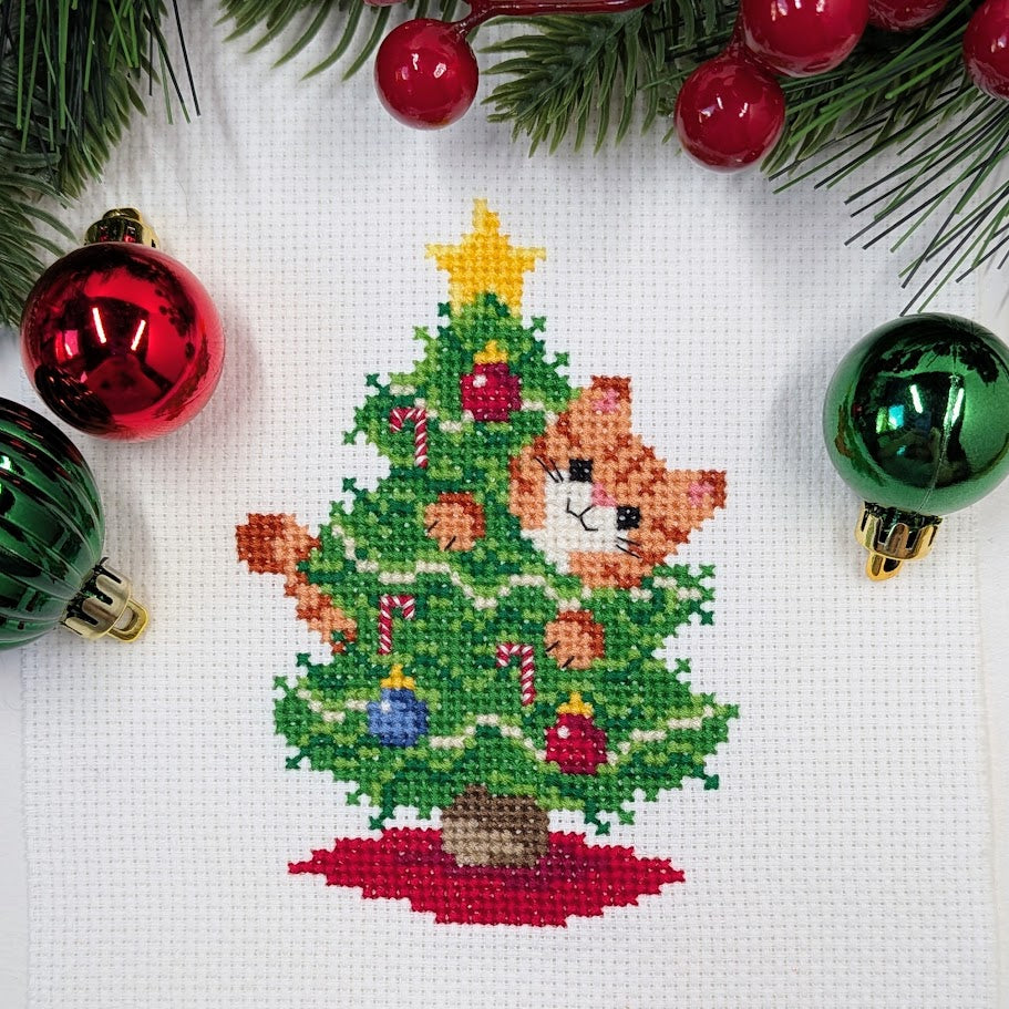 Christmas Tree Cat Cross Stitch Pattern