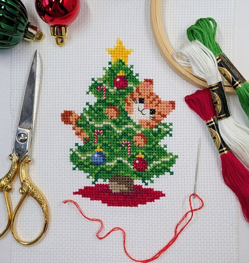 Christmas Tree Cat Cross Stitch Pattern