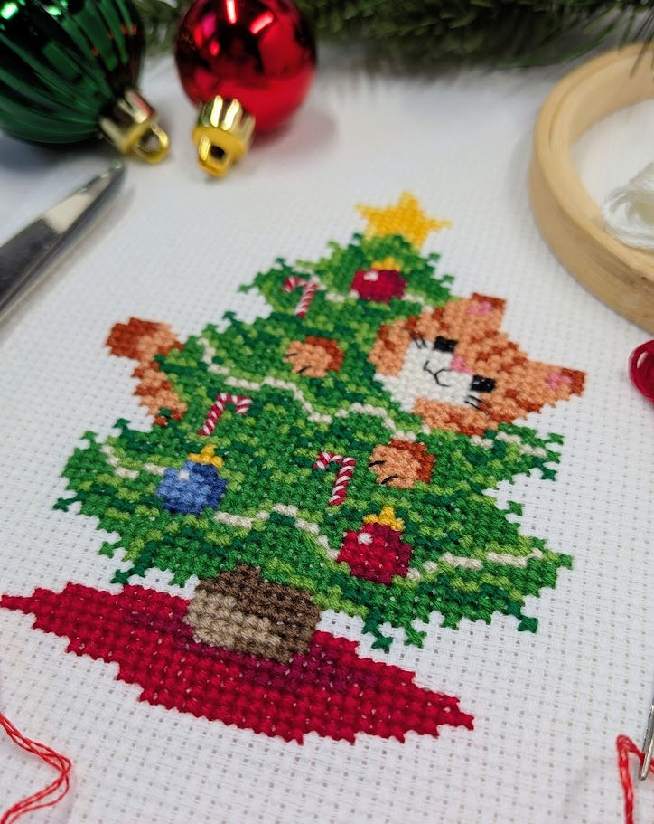 Christmas Tree Cat Cross Stitch Pattern