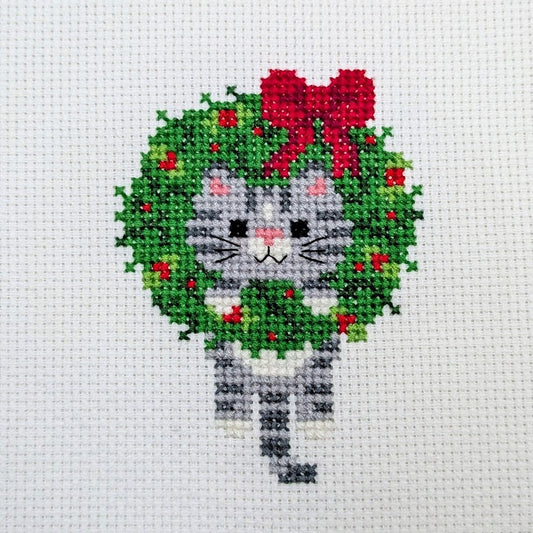 Christmas Wreath Cat Cross Stitch Pattern