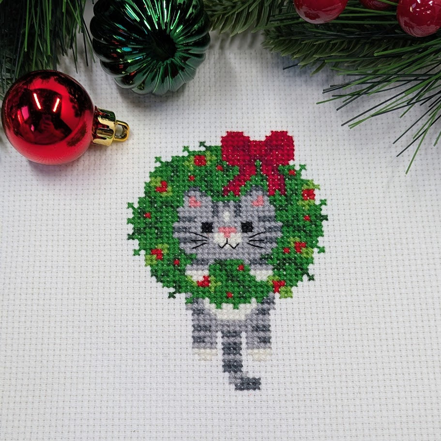Christmas Wreath Cat Cross Stitch Pattern