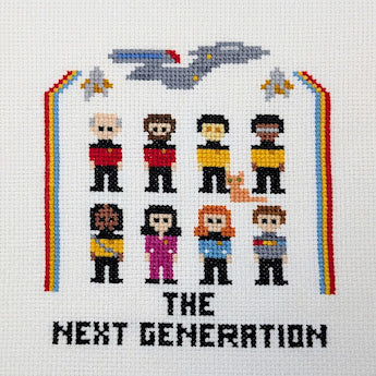 Cross-stitched pattern of characters from science fiction series with a rainbow border.