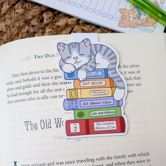 Sleepy Cat Book Stack Magnetic Bookmark