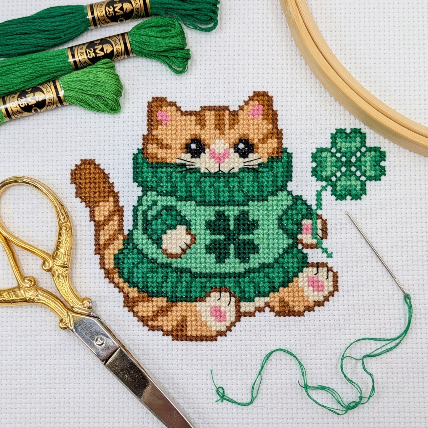 Clover Sweater Cat Cross Stitch Pattern