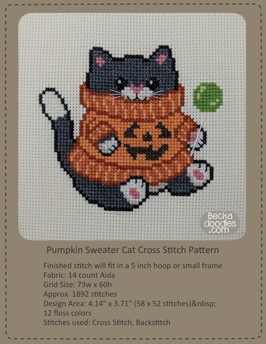 Graphic design layout of 'Pumpkin Sweater Cat Cross Stitch Pattern' design by BeckaDoodles, showing a completed stitched cat in an orange pumpkin sweater on a light fabric background, with text detailing the pattern specifications below.