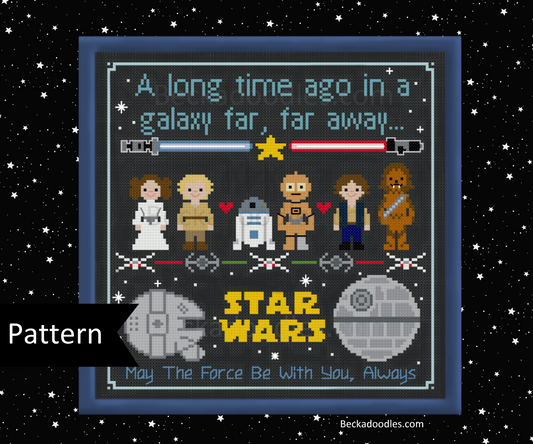 Cross-stitch pattern of science fiction characters with text on a starry background