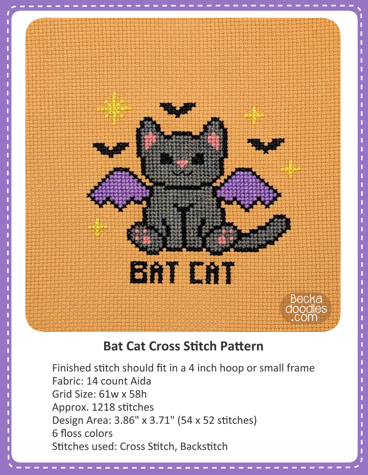 Bat Cat cross stitch pattern display showing a finished stitched design on orange Aida cloth with text listing materials and stitch details below.