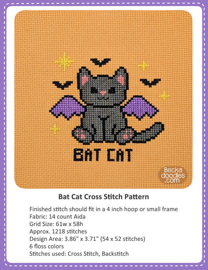 Bat Cat cross stitch pattern display showing a finished stitched design on orange Aida cloth with text listing materials and stitch details below.