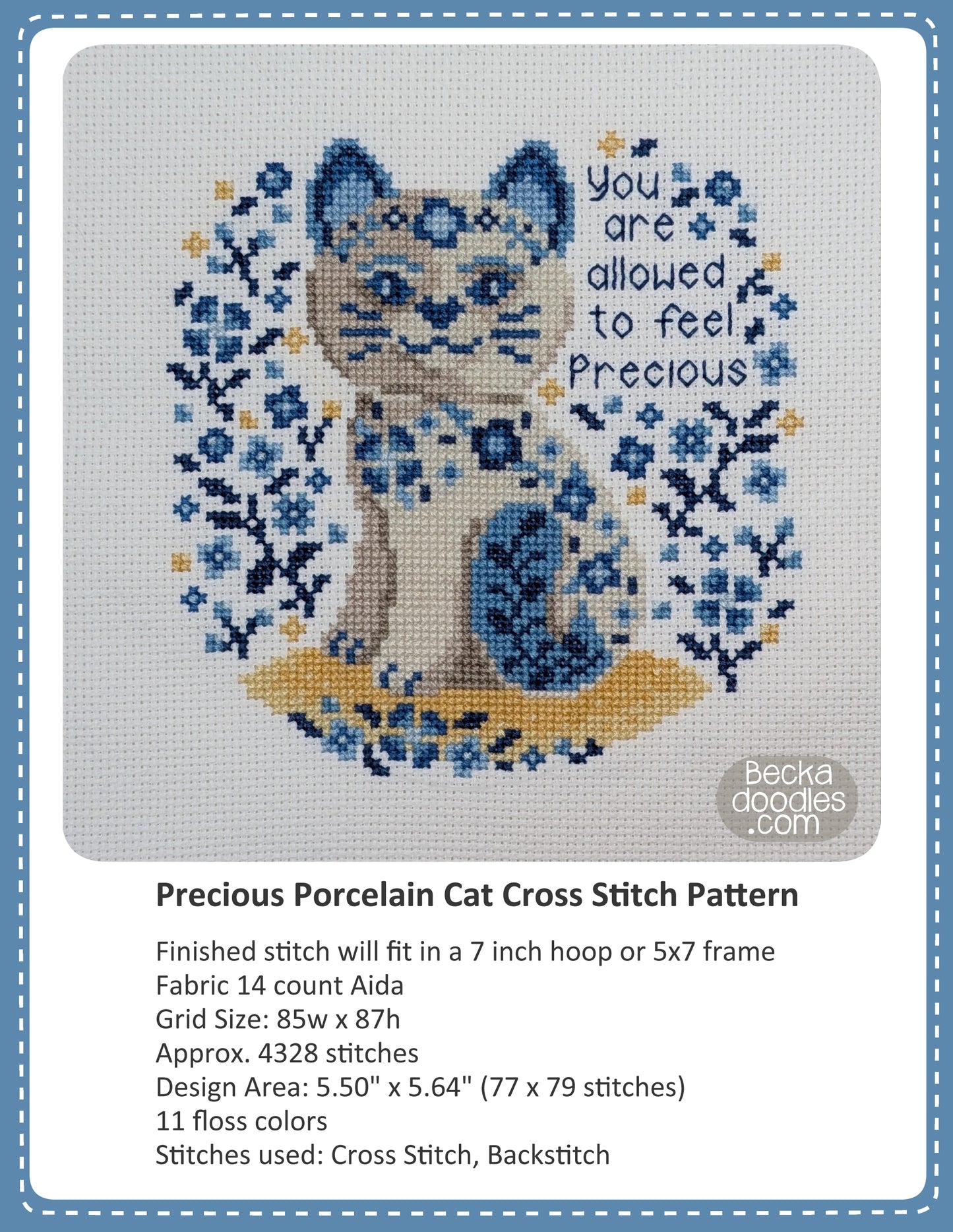 Cross stitch pattern cover for 'Precious Porcelain Cat Cross Stitch Pattern' by Beckadoodles. The design shows a blue and beige cat sitting on a golden yellow ground, surrounded by blue flowers, with the text 'you are allowed to feel Precious'.