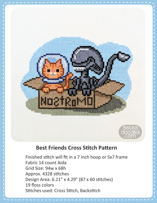 Graphic design layout of 'Best Friends Cross Stitch Pattern' design by BeckaDoodles, showing a completed stitched cat in a space helmet and an alien sitting in a box saying 'Nostromo' on white fabric background, with text detailing the pattern specifications below.