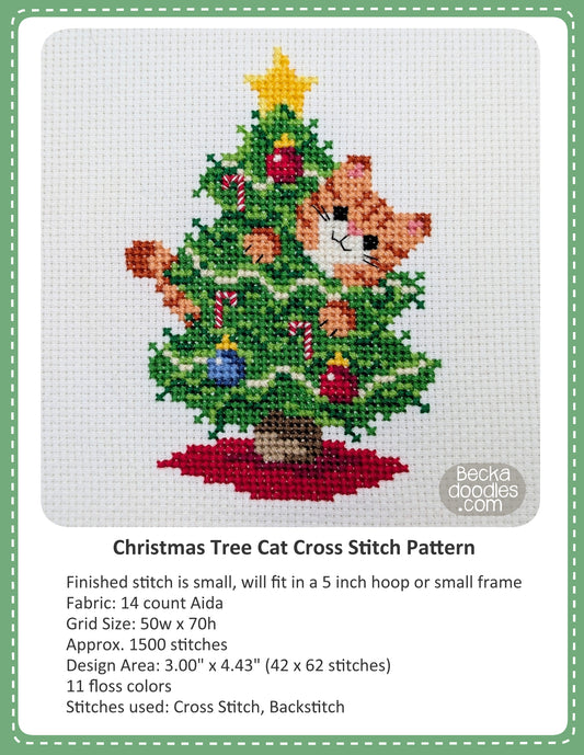 Graphic design layout of 'Christmas Tree Cat Cross Stitch Pattern' design by BeckaDoodles, showing a completed stitched cat in a Christmas tree on a white fabric, with text detailing the pattern specifications below.