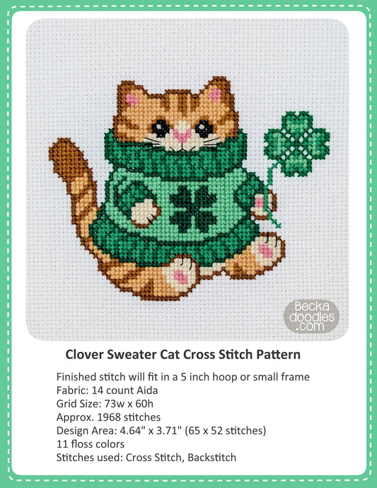 Graphic design layout of 'Clover Sweater Cat Cross Stitch Pattern' design by BeckaDoodles, showing a completed stitched cat in a green shamrock sweater holding a 4-leaf clover on a white fabric, with text detailing the pattern specifications below.