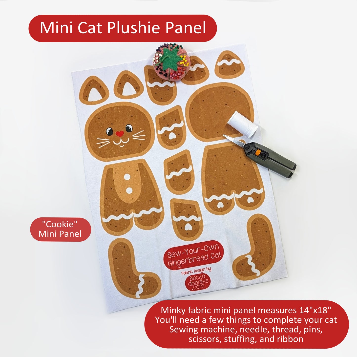 Christmas Cat Plushie Fabric Panel: Cut and Sew Cats