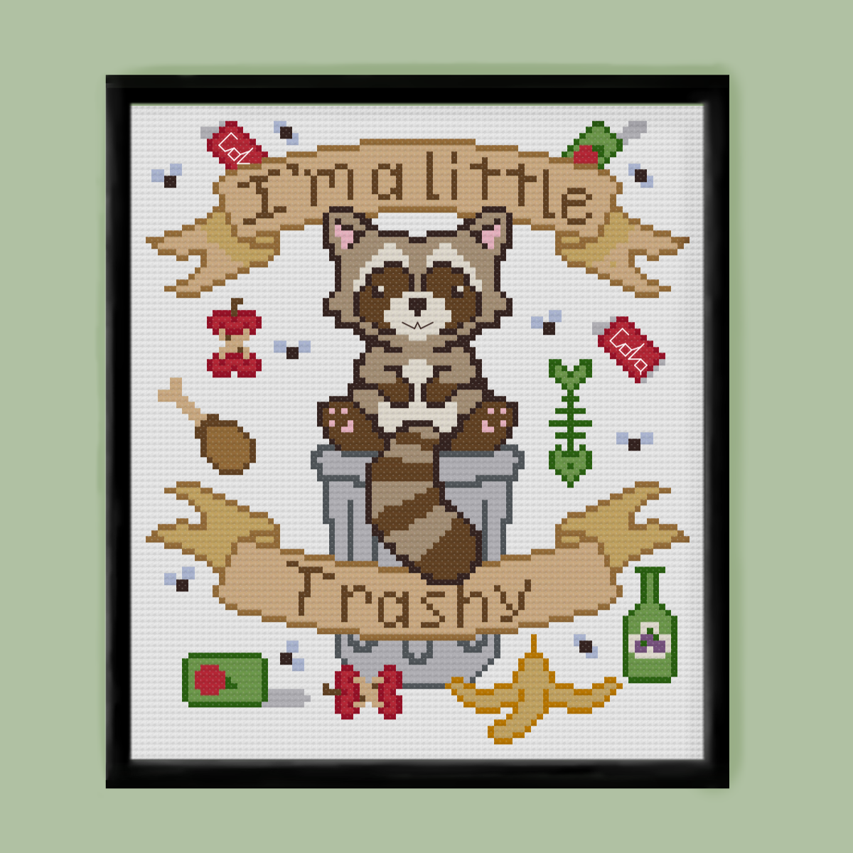 Little Trashy Raccoon Cross Stitch Pattern
