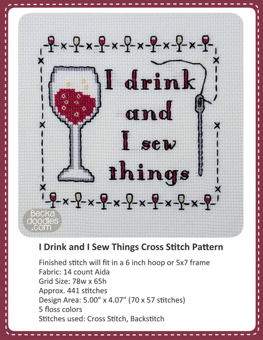 Graphic design layout of 'I Drink and I Sew Things Cross Stitch Pattern' design by BeckaDoodles, showing a completed stitched wine glass and sewing needle with words and a border on white fabric, with text detailing the pattern specifications below.